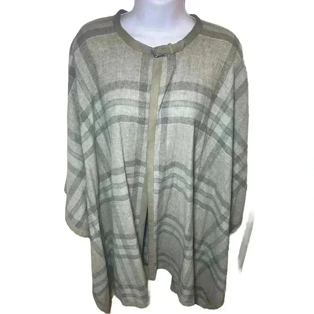 Lauren Ralph Lauren Wool Cashmere Plaid Cape Poncho Suede Trim Gray S/M